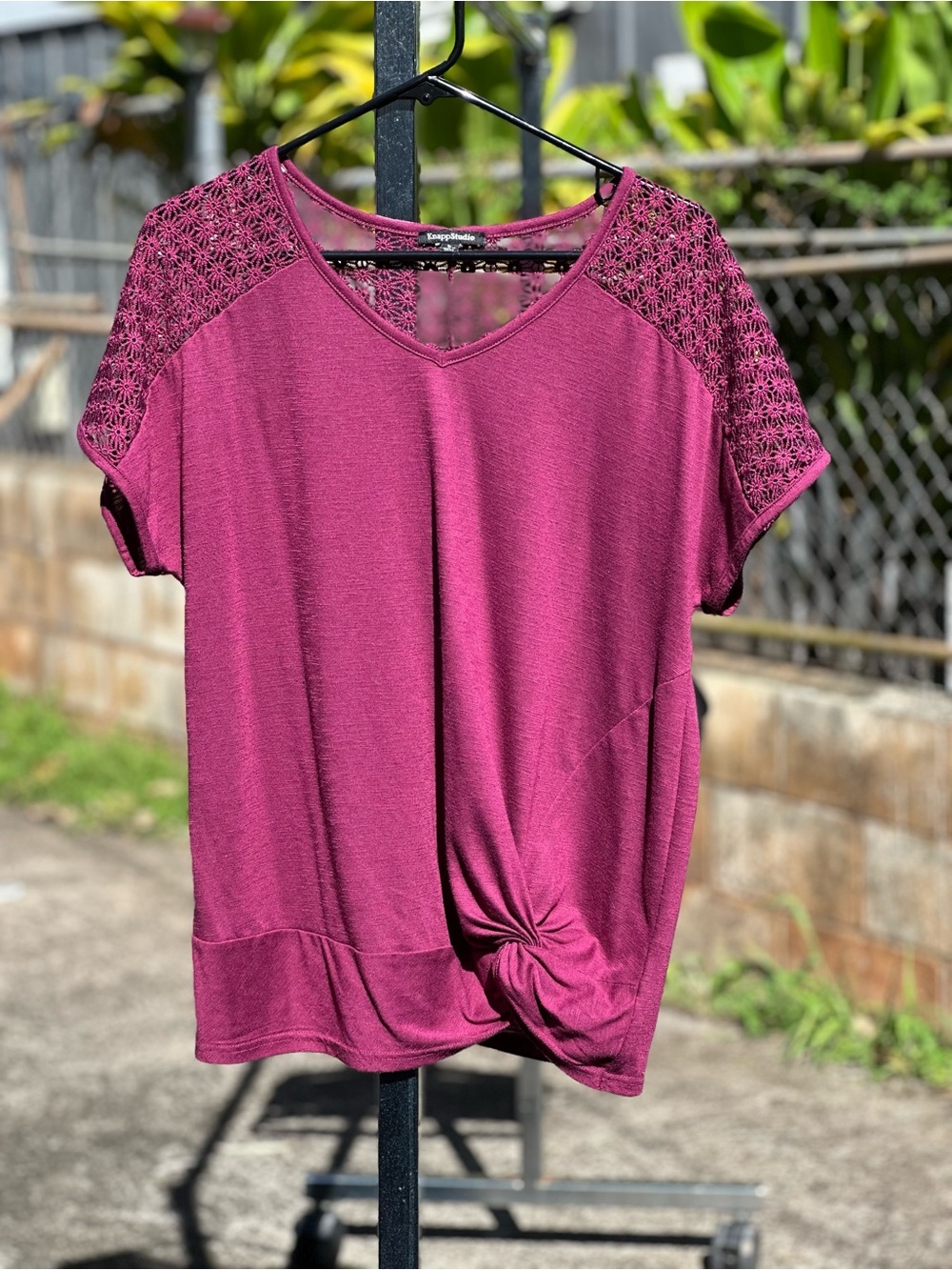 Studio Crochet-Shoulder Knot Front Short Sleeve Top - Berry